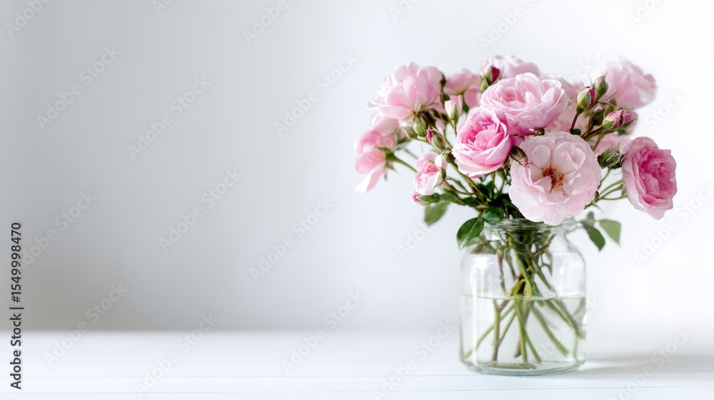 Delicate pink roses arranged in a clear glass jar against a minimalist white background. Delicate pink roses arranged in a clear glass jar against a minimalist white background.