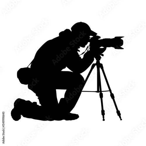 a black and white silhouette of a photographer taking a picture with his camera black, camera, man, photo, photographer, picture, silhouette, tripod , Generative art.