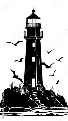 a black and white illustration of a lighthouse with seagulls flying around it bird, black, fly, house, illustration, lighthouse, rock, seagull, silhouette , Generative art.