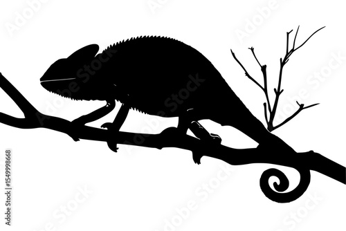 a black silhouette of a chameleon sitting on a tree branch black, branch, chameleon, silhouette, sit on, tree, tree branch , Generative art.