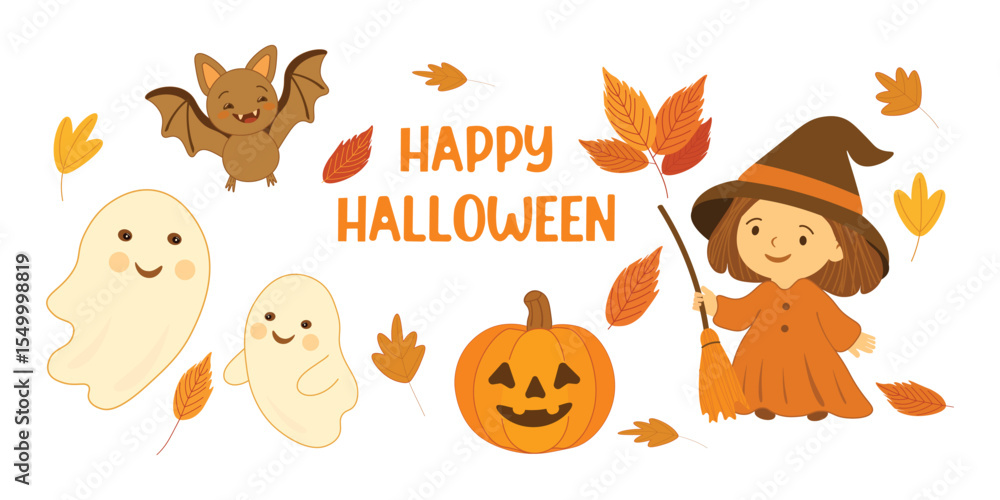 Fototapeta premium Cute Halloween vector element set with pumpkin, ghosts, little witch, bat, and autumn leaves. Fun and colorful collection perfect for kids designs, party decor, and seasonal projects.
