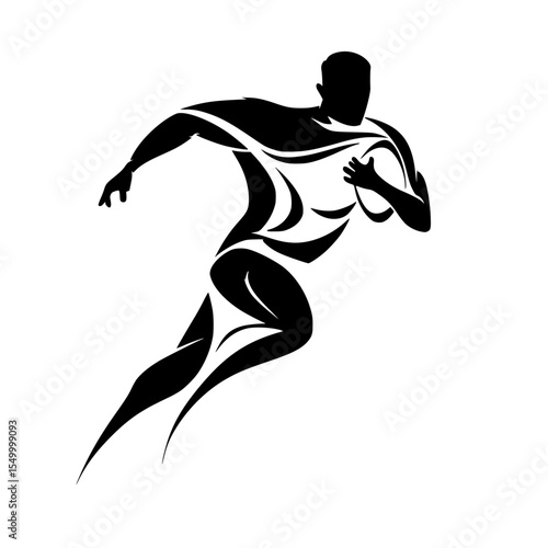 a black silhouette of a rugby player running with a ball abstract, ball, black, illustration, kick, man, rugby player, run, run with, silhouette , Generative art.