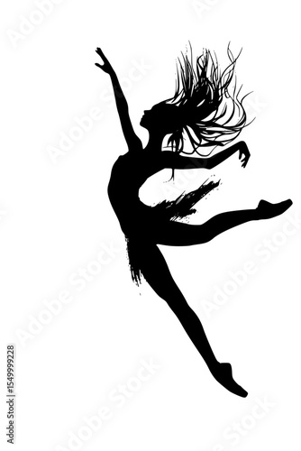 the black silhouette of a woman with long hair is jumping black, fly, girl, hair, jump, long, silhouette, woman , Generative art.