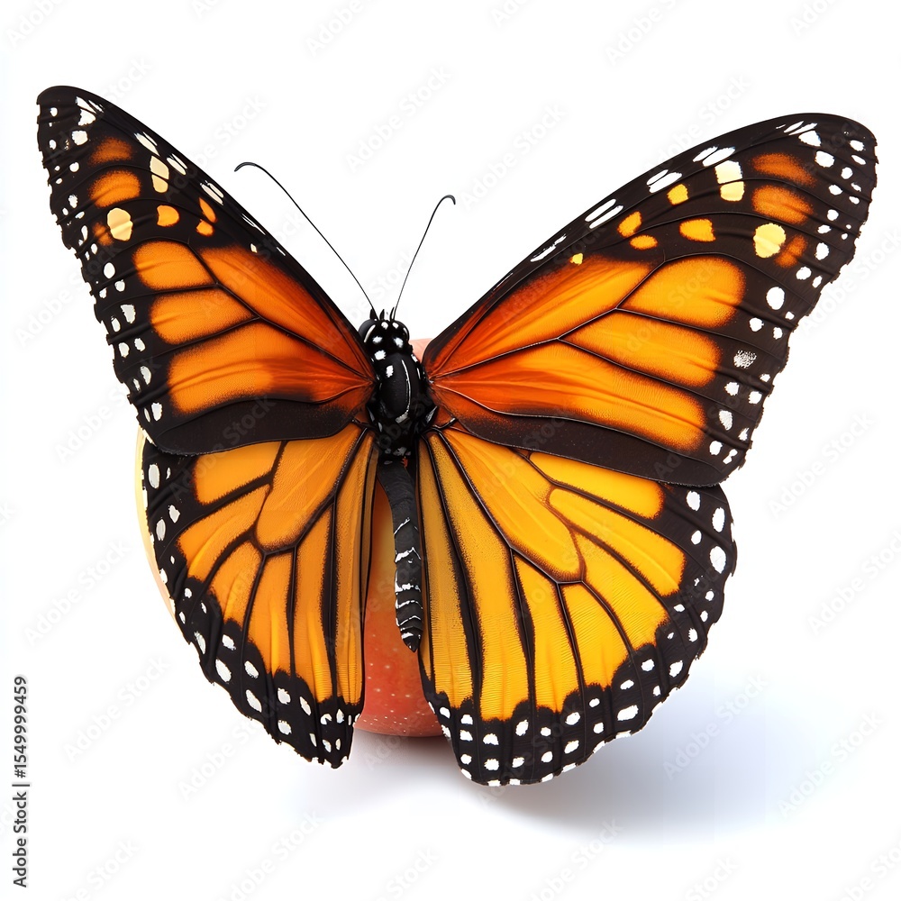 Naklejka premium Stunning Monarch Butterfly on Red Apple Background Isolated White Studio Shot