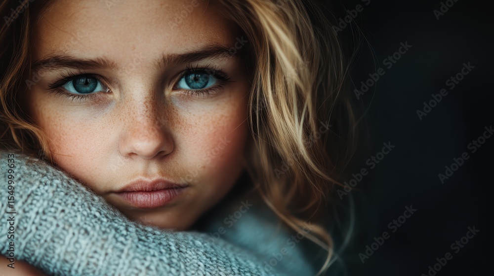 Naklejka premium A close-up of a young girl with striking blue eyes and a gentle expression, wrapped in a cozy sweater, showcasing innocence and warmth in natural light.
