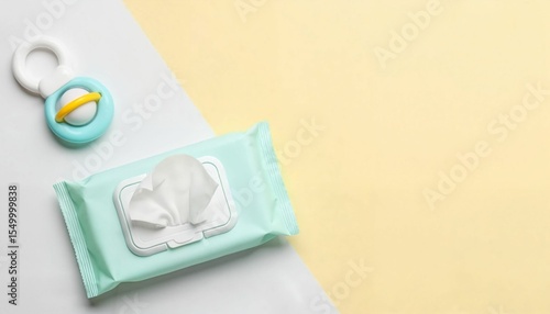 Baby wipes in open pack with baby toy on pastel background  