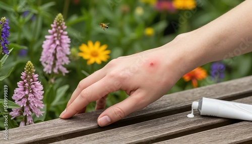 Hand with swollen bee sting and ointment near colorful flowers  
