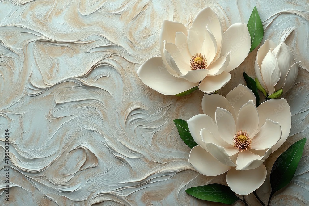 Fototapeta premium Ivory magnolia blooms with green leaves on painted background. It is ideal for spring designs or wedding stationery projects.