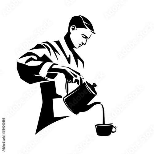 a black and white illustration of a man pouring tea into a cup black, coffee, cup, illustration, man, pour, silhouette, tea, woman , Generative art.