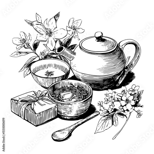 black and white illustration of a pot of tea, cup, box and flowers black, bowl, box, cup, flower, illustration, kettle, pot, tea, teapot , Generative art.