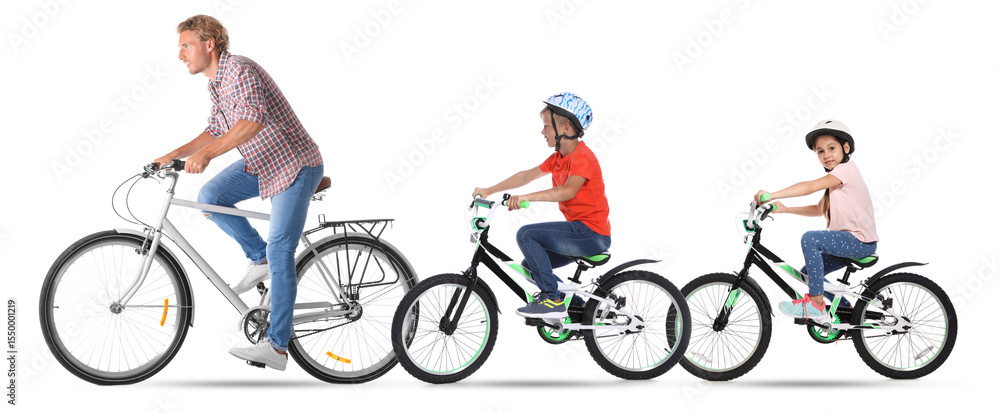 Naklejka premium Man and children riding bicycles on white background