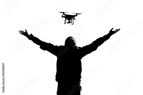 a black and white silhouette of a man standing with his arms outstretched and a person flying in the air arm, black, drone, fly, hand, man, person, silhouette, sky, stand , Generative art.