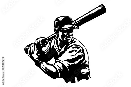 a black and white silhouette of a baseball player holding a bat over his shoulder baseball, baseball bat, baseball player, bat, black, hold, illustration, low, shoulder, silhouette , Generative art.