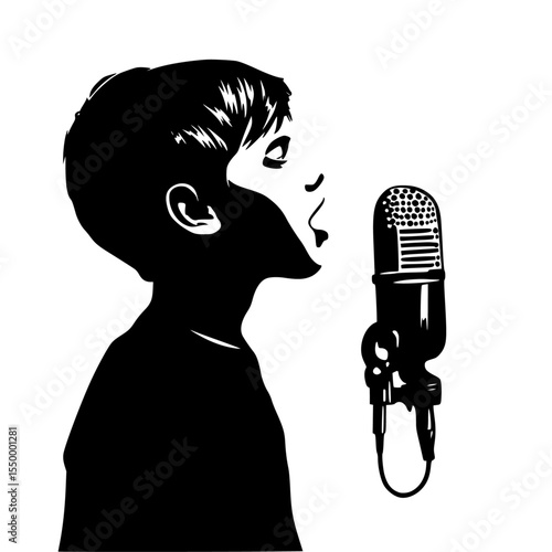 a black and white silhouette of a boy singing into a microphone black, boy, microphone, silhouette, singe, singer, talk , Generative art.