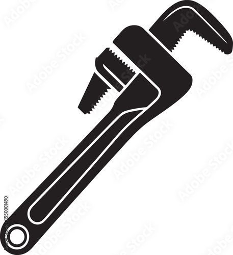 Black silhouette of a pipe wrench tool with serrated jaws and a hanging loop on a white background