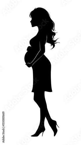 a black silhouette of a beautiful pregnant woman holding her belly with her hands baby, beautiful, belly, black, hand, hold, long, pregnant, profile, silhouette, woman , Generative art.