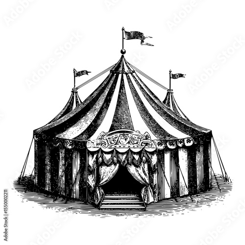 a drawing of a big tent with a flag on top in black ink big, black, drawing, flag, illustration, ink, old, tent, top , Generative art.