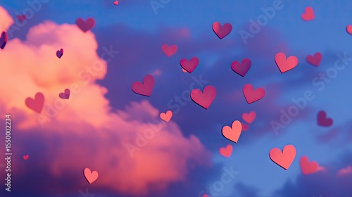 Heart-shaped decorations floating in a pastel sky.