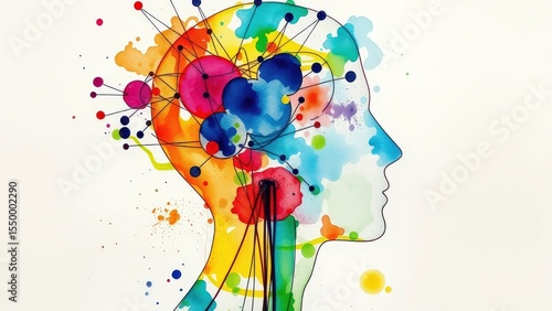 Abstract watercolor painting of a human head in profile, representing mental health, psychology, and the complexity of the human mind and emotions.