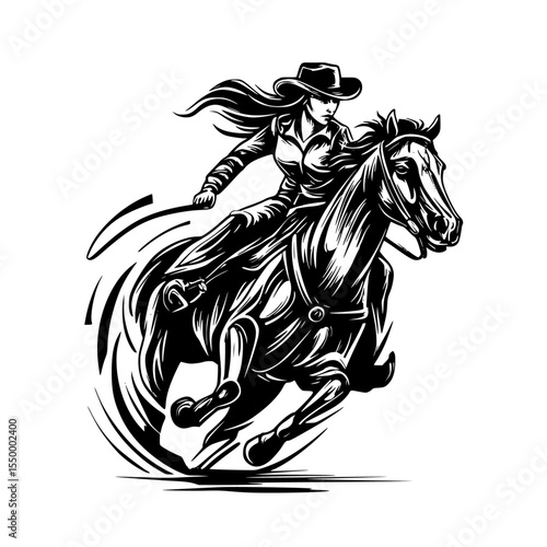 a black and white illustration of a cowboy on a horse black, cowboy, horse, illustration, ride , Generative art.