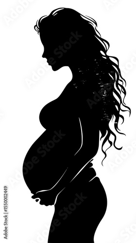 a black and white silhouette of a pregnant woman with long hair holding her belly beautiful, belly, black, hair, hold, long, pregnant, silhouette, stomach, woman , Generative art.