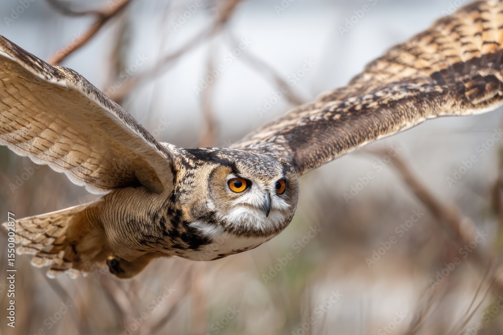 Fototapeta premium Close-up of a great horned owl in flight, showcasing its large wings and focused gaze.