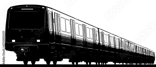 a black and white drawing of a passenger train black, drawing, passenger train, silhouette, track, train , Generative art.