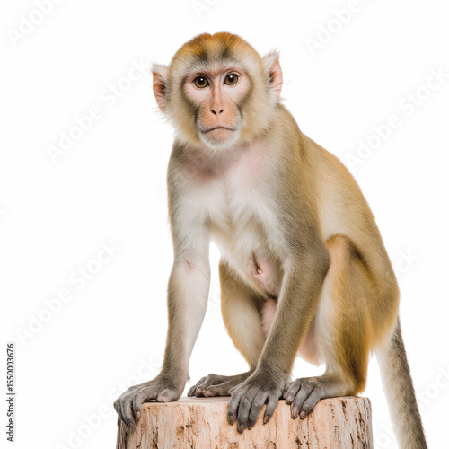 Rhesus Macaque Portrait: A dignified rhesus macaque poses atop a log, its gaze direct and curious, set against a backdrop that accentuates its natural beauty.