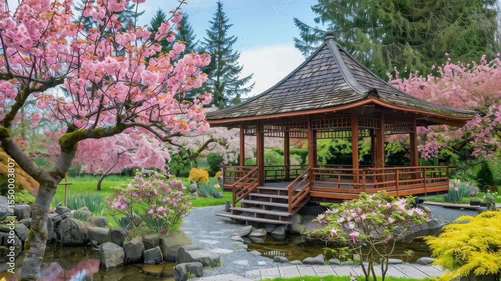Serene Japanese garden with cherry blossoms and traditional pavilion in full bloom during springtime Serene Japanese garden with cherry blossoms and traditional pavilion in full bloom during springtime