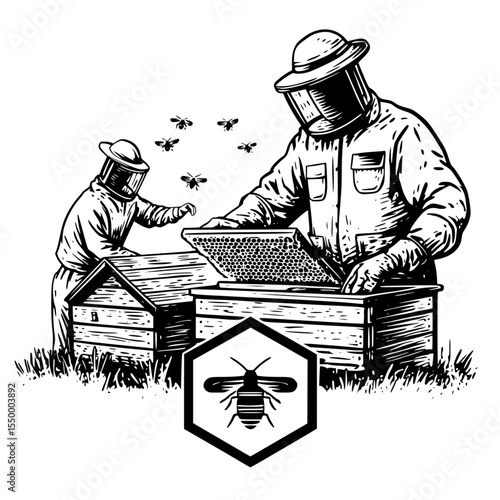 an illustration of a beekeeper with bees and a beehive bee, beehive, honey, illustration, person , Generative art.