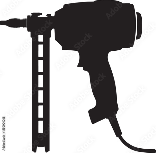 Black silhouette of a pneumatic nail gun tool with a magazine against a white background