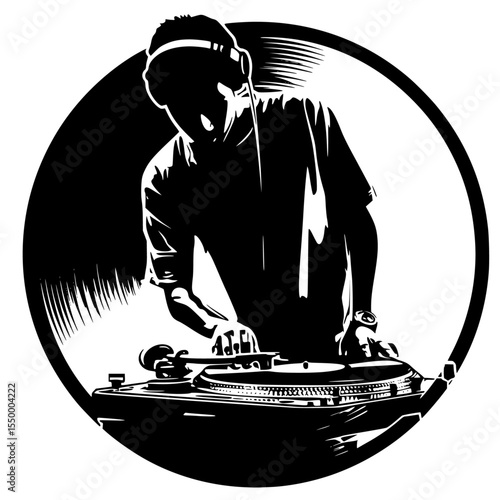 a retro illustration of a man playing decks in a circle black, circle, deck, dj, illustration, man, play, retro, silhouette , Generative art.