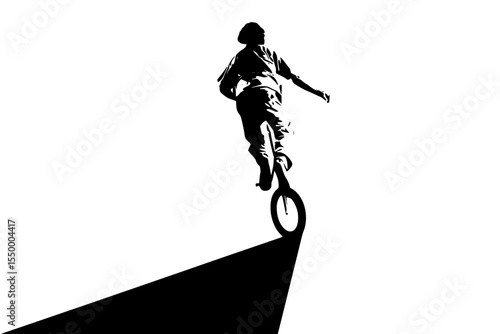 a black and white silhouette of a person riding a bike down a hill or cliff bike, black, boy, cliff, hill, jump, man, person, ramp, ride, silhouette , Generative art.