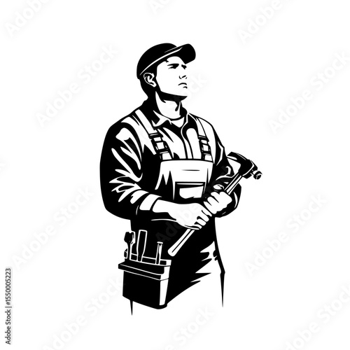 a black and white illustration of a builder or worker in overalls holding tools black, builder, construction worker, hand, hold, illustration, overall, person, tool, worker , Generative art.