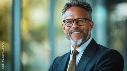 Wallpaper Mural A confident mature man in glasses smiles warmly in a modern office, embodying success and professionalism against a contemporary backdrop. Torontodigital.ca