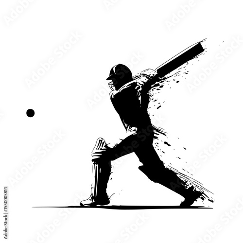 a black silhouette of a cricket player hitting the ball ball, bat, black, cricket player, hit, silhouette , Generative art.