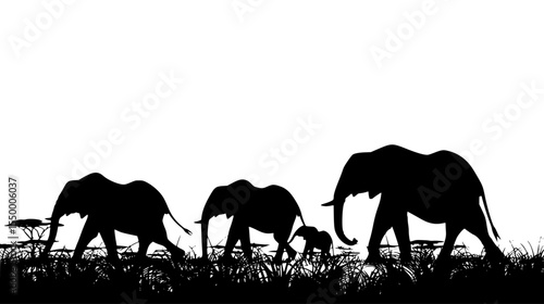 a black and white silhouette of a herd of elephants black, elephant, field, grass, herd, silhouette, walk , Generative art.