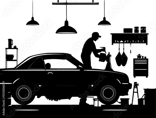 black silhouette of a man working under the hood of a car black, car, garage, hood, man, mechanic, silhouette, work , Generative art.