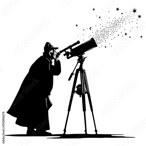 a black silhouette of a man with a telescope looking at the stars black, look, man, silhouette, sky, star, telescope , Generative art.