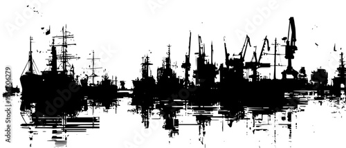 black and white skyline of ships in the harbor black, boat, city, harbor, ship, skyline, water , Generative art.