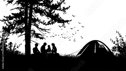 a black and white silhouette of people sitting next to a tent in the woods bird, black, forest, people, silhouette, sit, tent, tree, wood , Generative art.