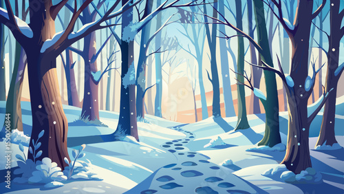 Footsteps crunch softly in the winter forest, the only sound in a white landscape. Nature rests, silent and pure. The scene is beautiful, like a dream in snow.