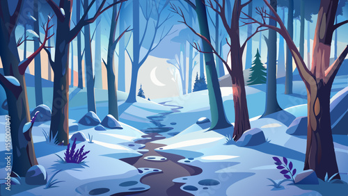 Footsteps crunch softly in the winter forest, the only sound in a white landscape. Nature rests, silent and pure. The scene is beautiful, like a dream in snow.