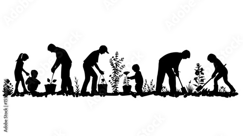 black silhouette of people working in the garden with children planting trees in the grass black, child, family, garden, gardener, grass, people, plant, silhouette, tree, work 