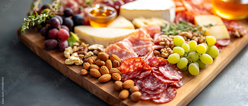 Fototapeta premium Artisanal Charcuterie Board with Cheese, Meats, Nuts, and Grapes