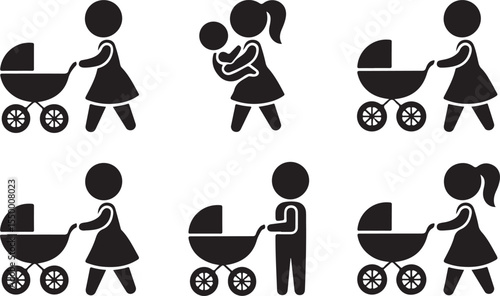 Mother with Baby Stroller Vector Illustration Set Silhouette Style