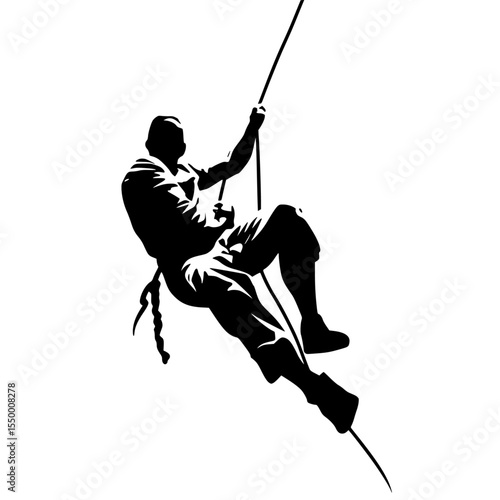 a black and white silhouette of a man hanging on to a rope black, hang, hold, man, person, rope, silhouette 