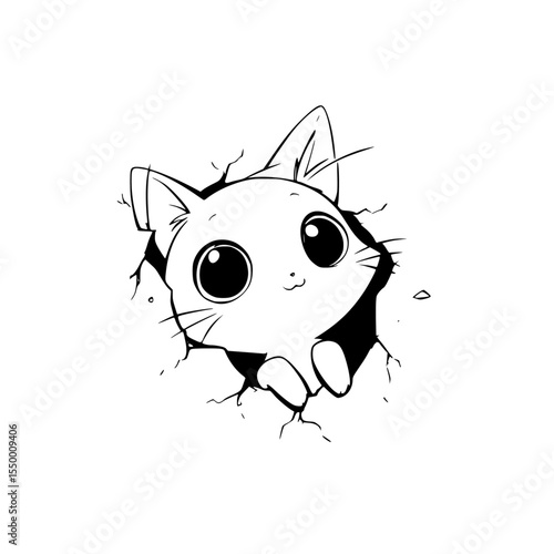 a black and white drawing of a kitten peeking out of a hole in the wall art, black, cat, drawing, hole, kitten, sketch, wall , Generative art.
