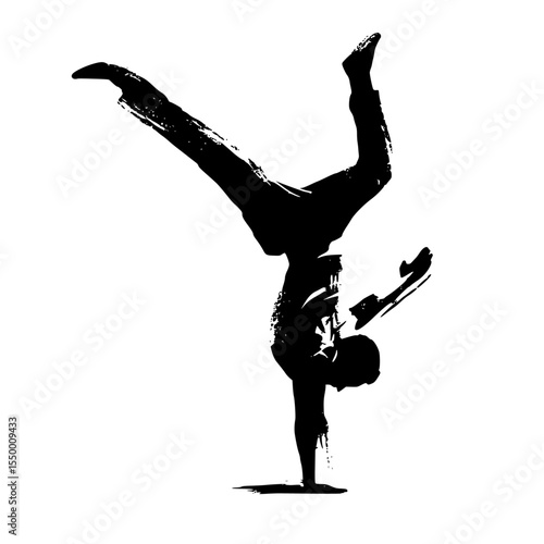 a black and white silhouette of a person doing a handstand on a skateboard black, handstand, leg, man, person, silhouette, skateboard , Generative art.