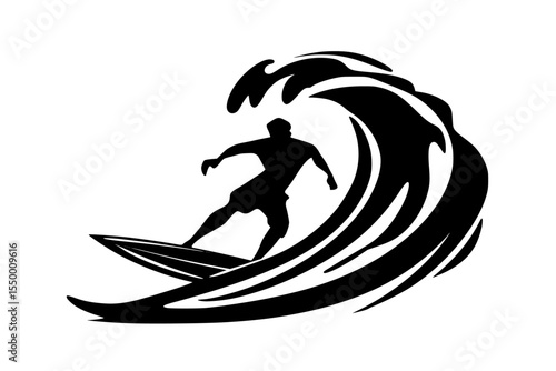 a black silhouette of a man riding a surfboard on a wave black, board, man, ride, silhouette, surf, surfboard, surfer, wave , Generative art.